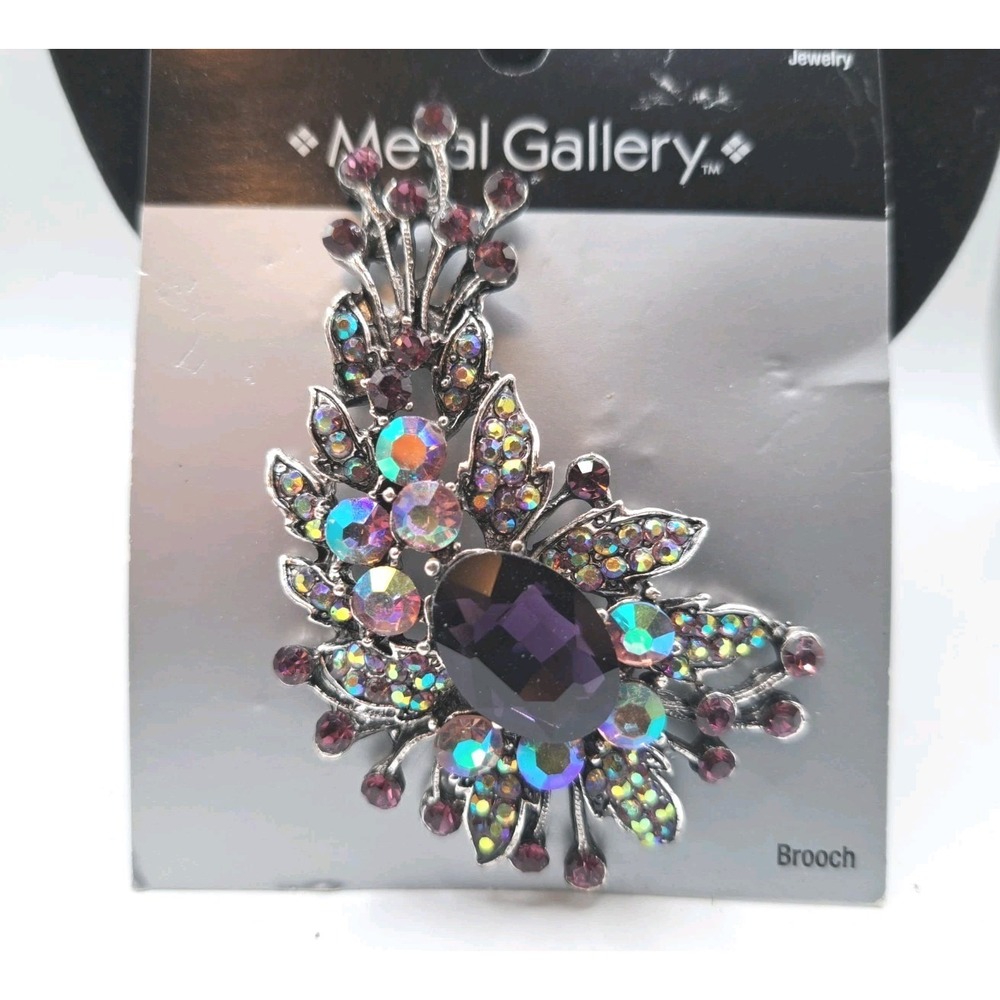 Metal Gallery Brooch Pin Flower Shape Silver Tone AB & Purple Rhinestones